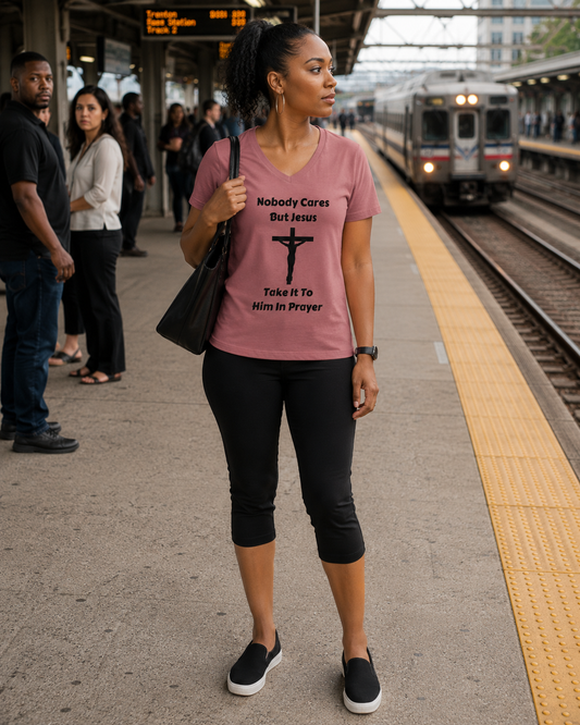 Nobody Cares but Jesus Christian Inspirational Women's Relaxed V-Neck T-Shirt