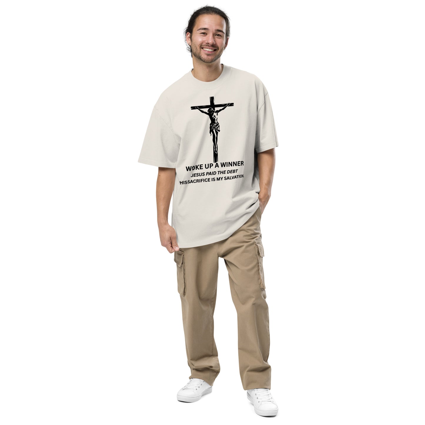 Woke Up a Winner Christian Oversized T-Shirt | Jesus Paid the Debt Inspirational Oversized faded t-shirt