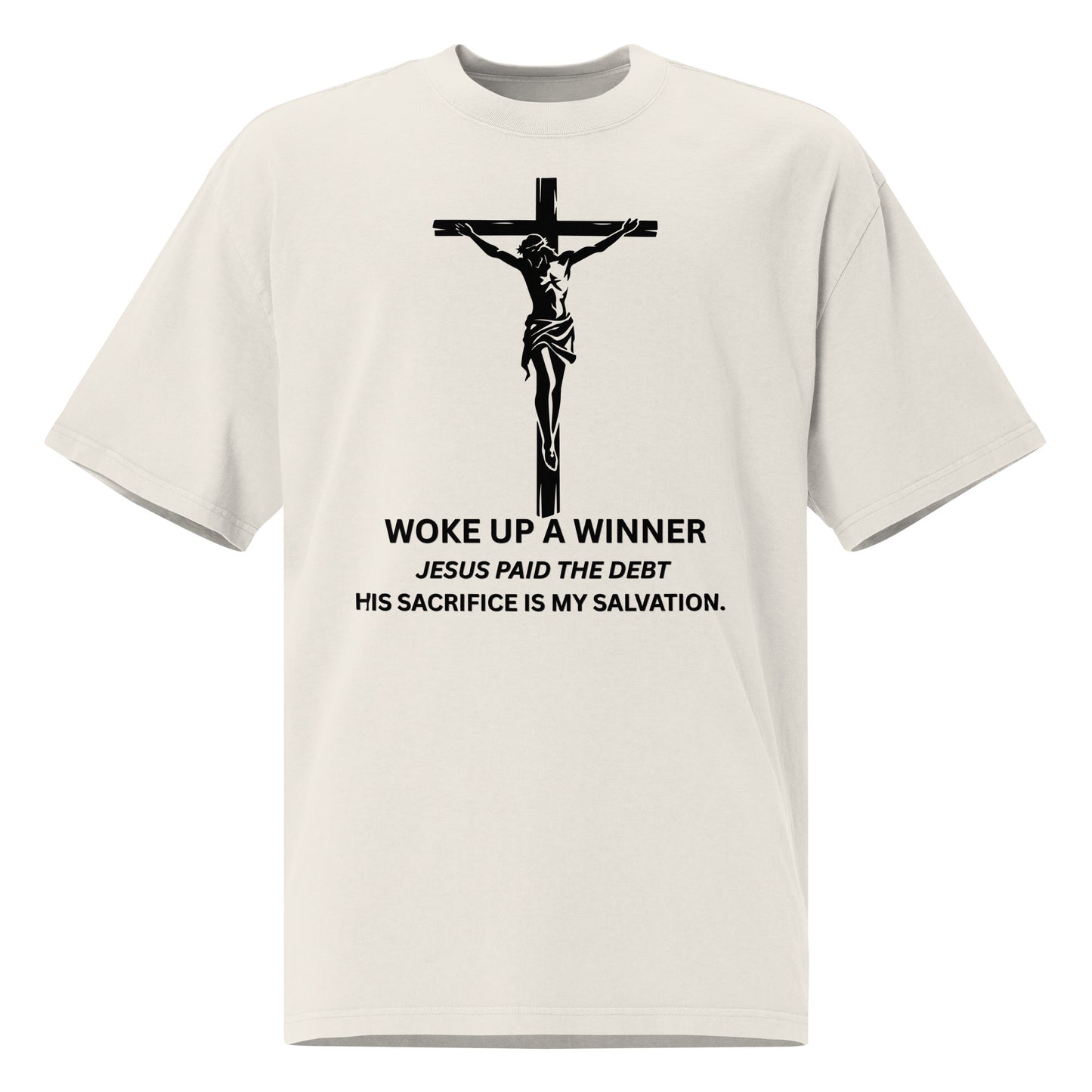 Woke Up a Winner Christian Oversized T-Shirt | Jesus Paid the Debt Inspirational Oversized faded t-shirt