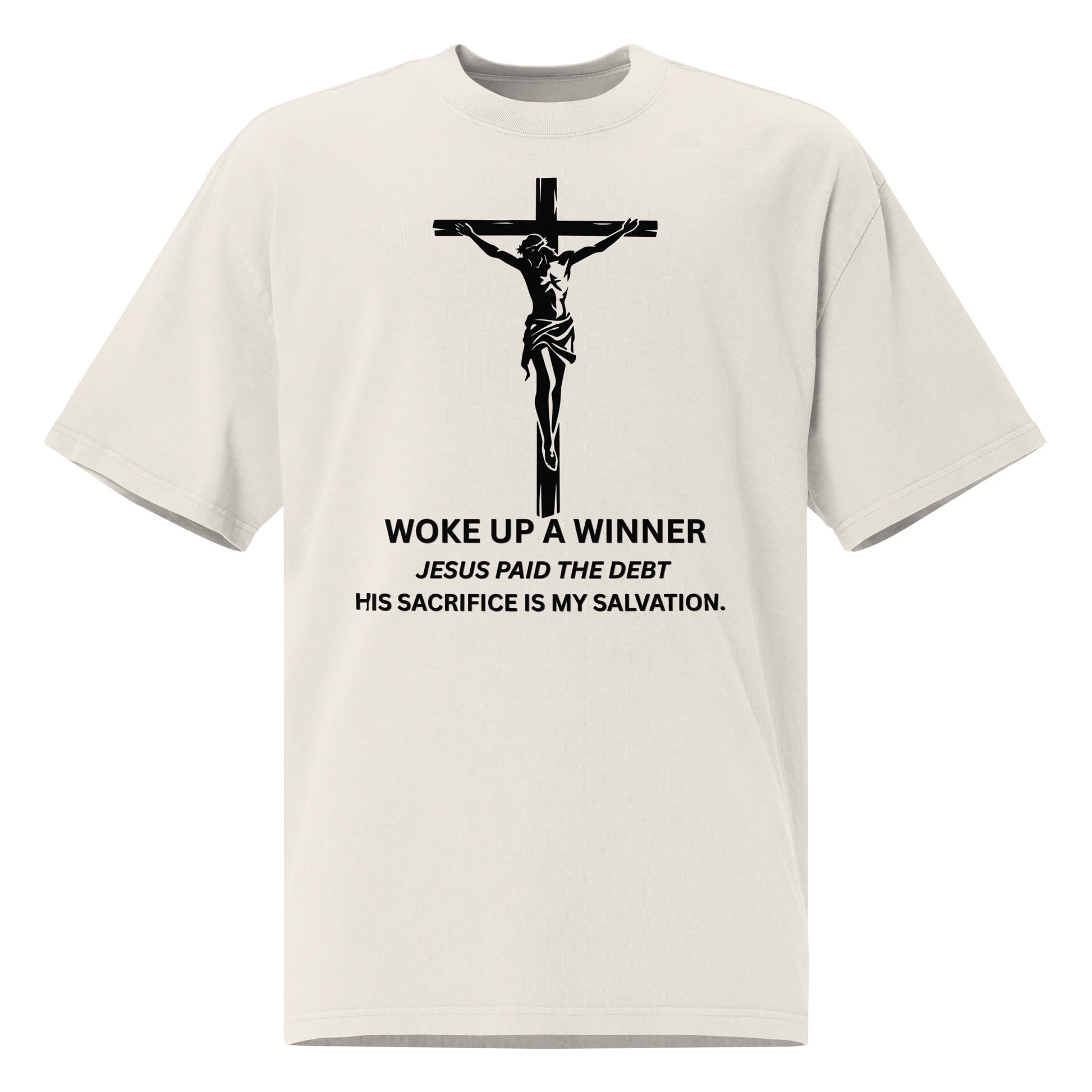 Woke Up a Winner Christian Oversized T-Shirt | Jesus Paid the Debt Inspirational Oversized faded t-shirt