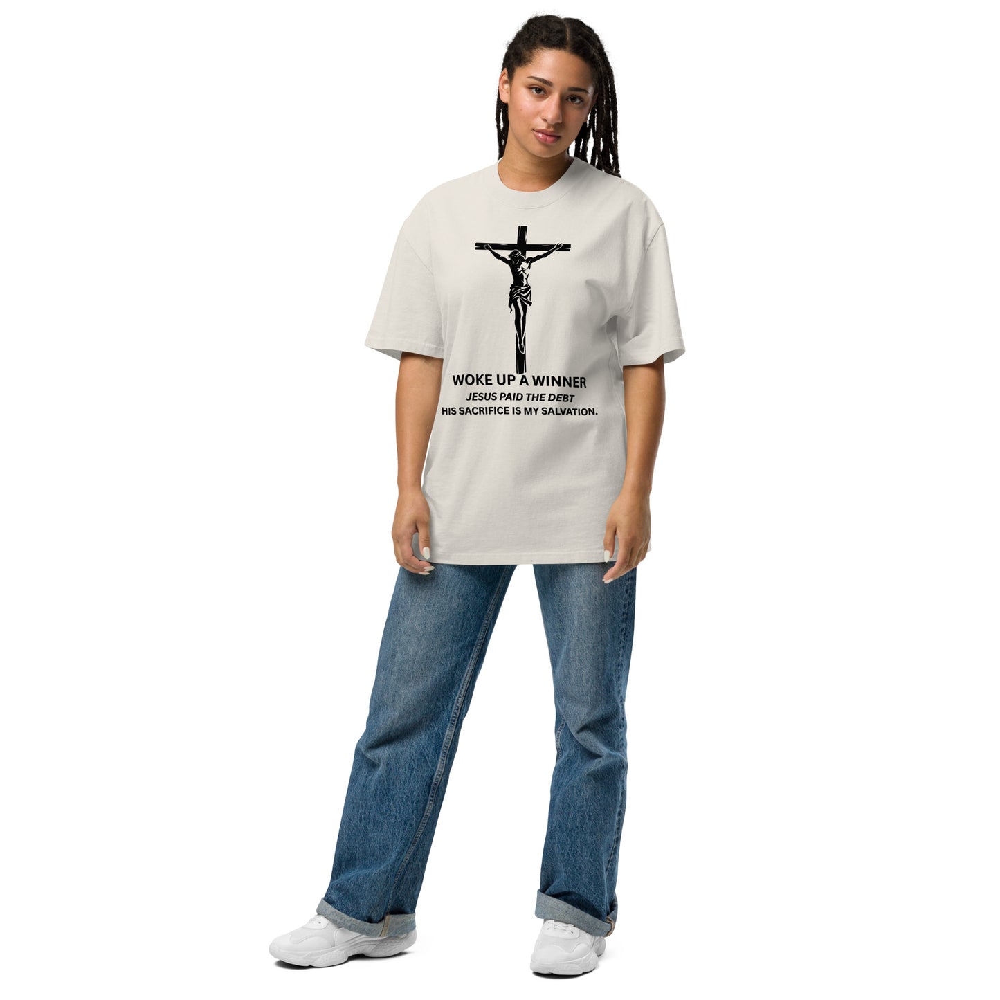Woke Up a Winner Christian Oversized T-Shirt | Jesus Paid the Debt Inspirational Oversized faded t-shirt