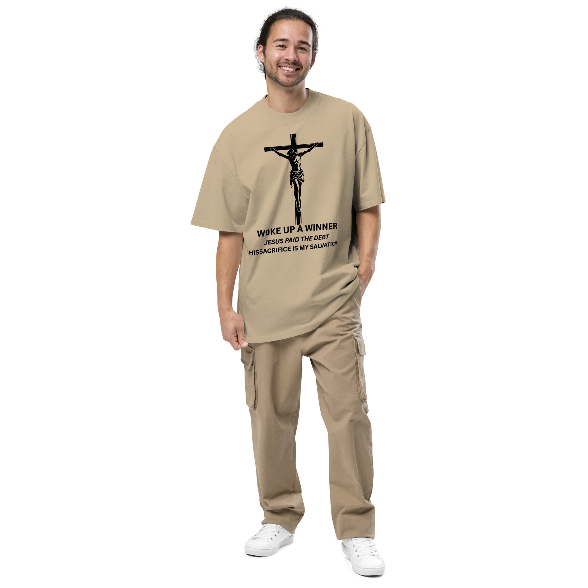 Woke Up a Winner Christian Oversized T-Shirt | Jesus Paid the Debt Inspirational Oversized faded t-shirt