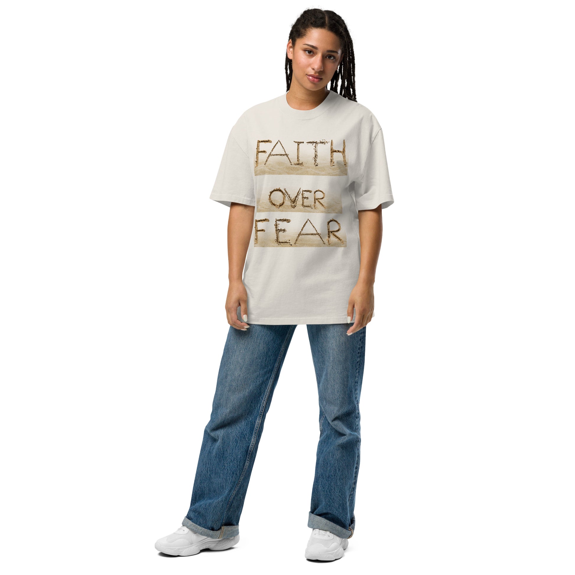 Faith Over Fear Christian Inspirational Oversized Faded T Shirt