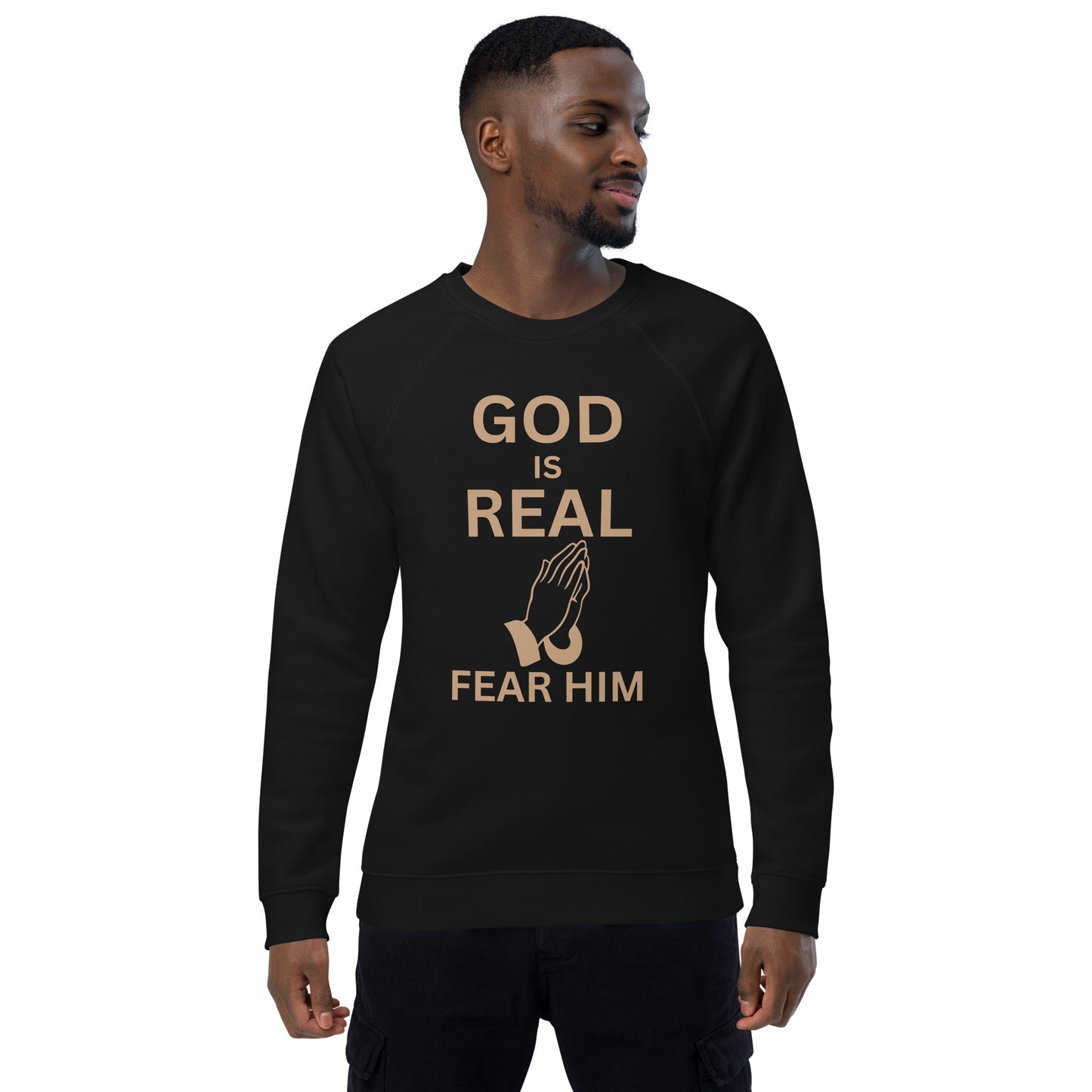 God is Real Christian Unisex organic raglan sweatshirt