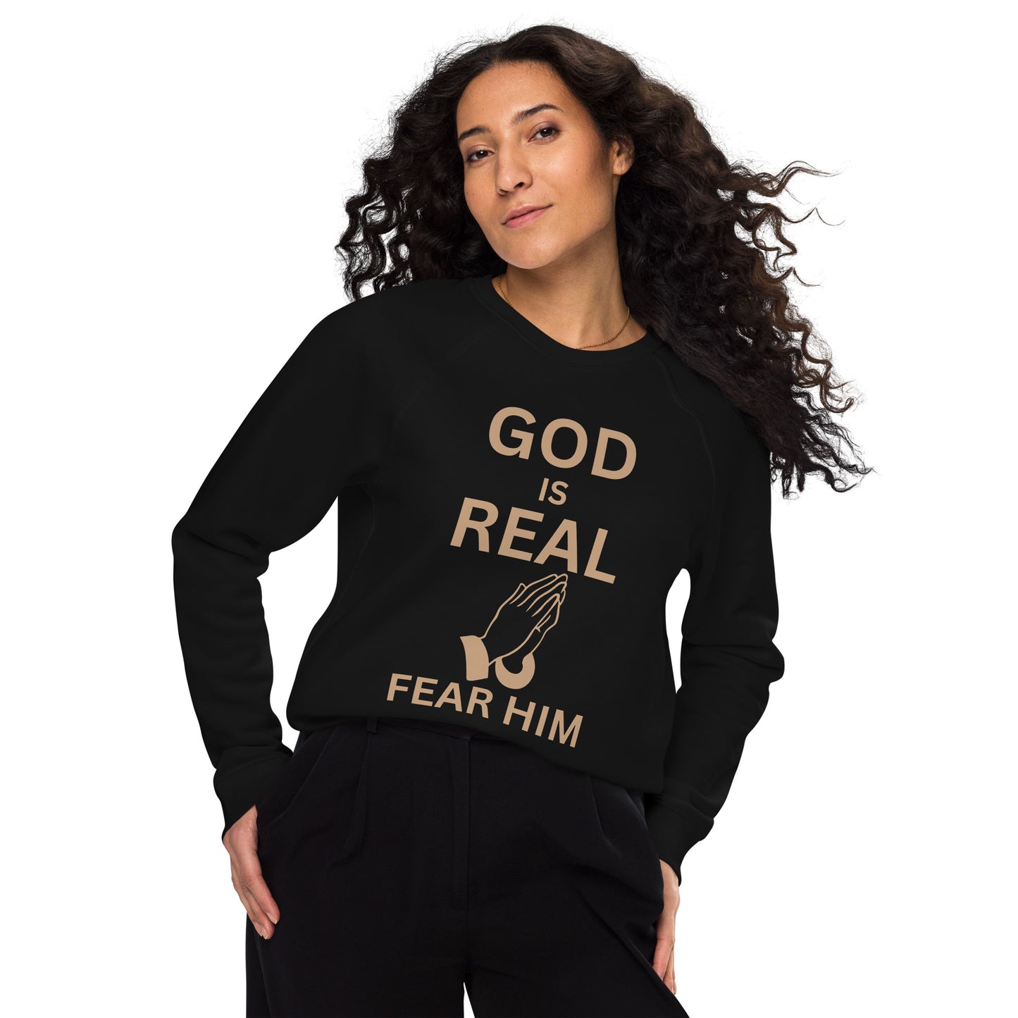 God is Real Christian Unisex organic raglan sweatshirt