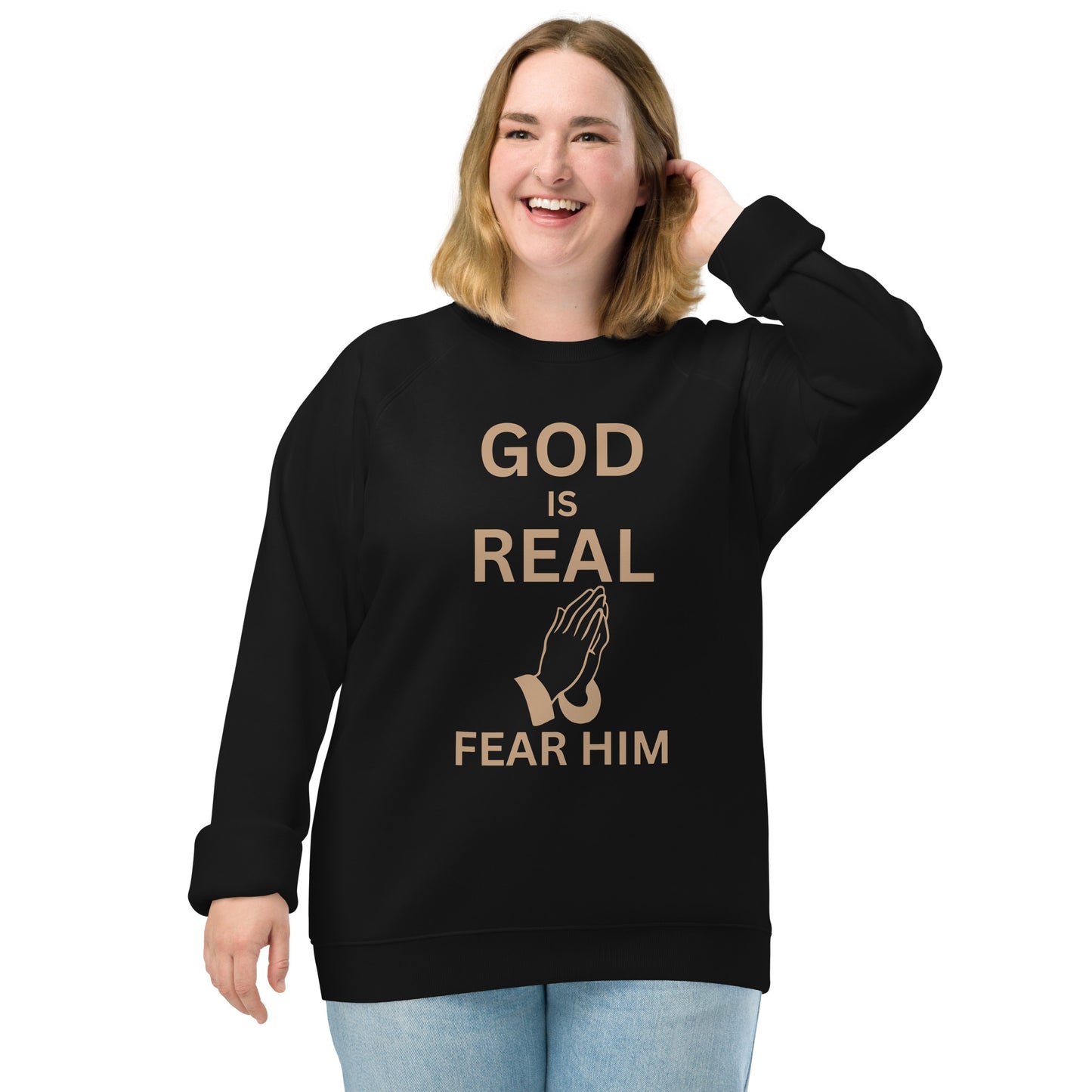God is Real Christian Unisex organic raglan sweatshirt