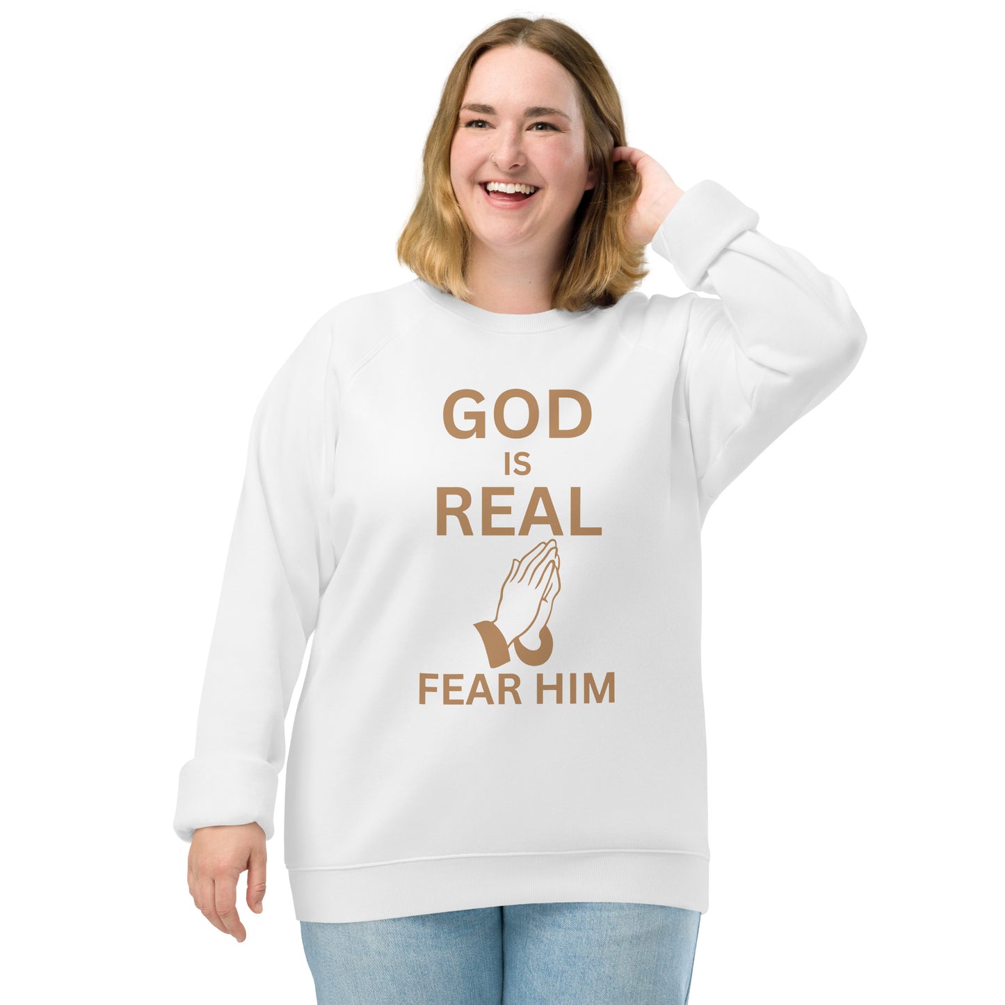 God is Real Christian Unisex organic raglan sweatshirt