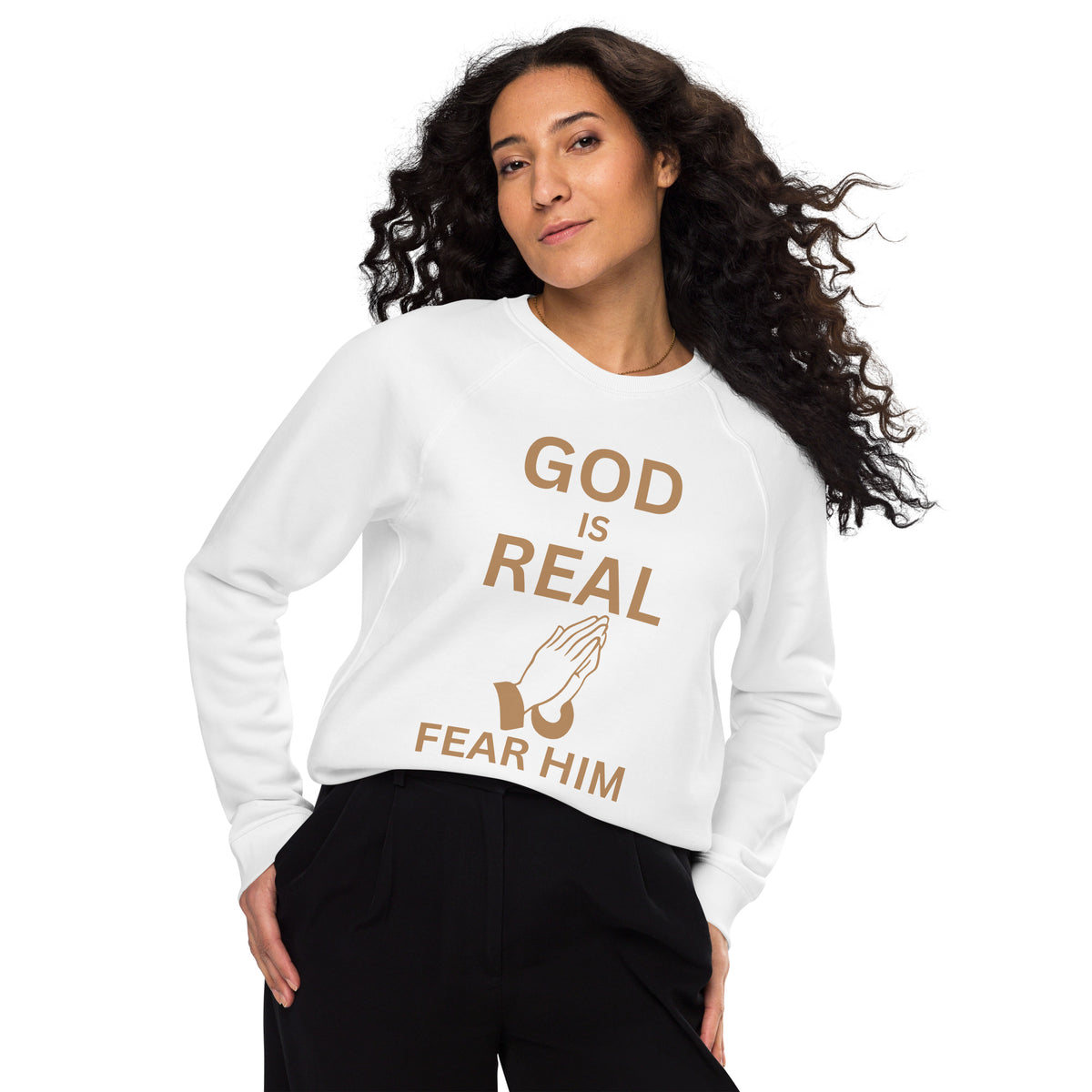 God is Real Christian Unisex organic raglan sweatshirt