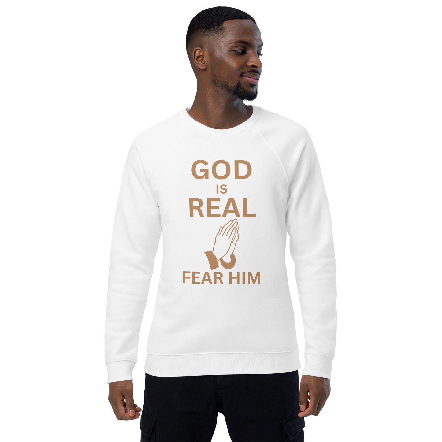 God is Real Christian Unisex organic raglan sweatshirt